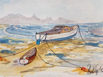 boat on beach watercolor Oil Paintings